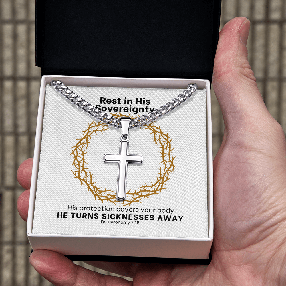 He Turns Sicknesses Away (Deuteronomy 7:15) | Premium Sterling Silver Cuban Link Cross Necklace