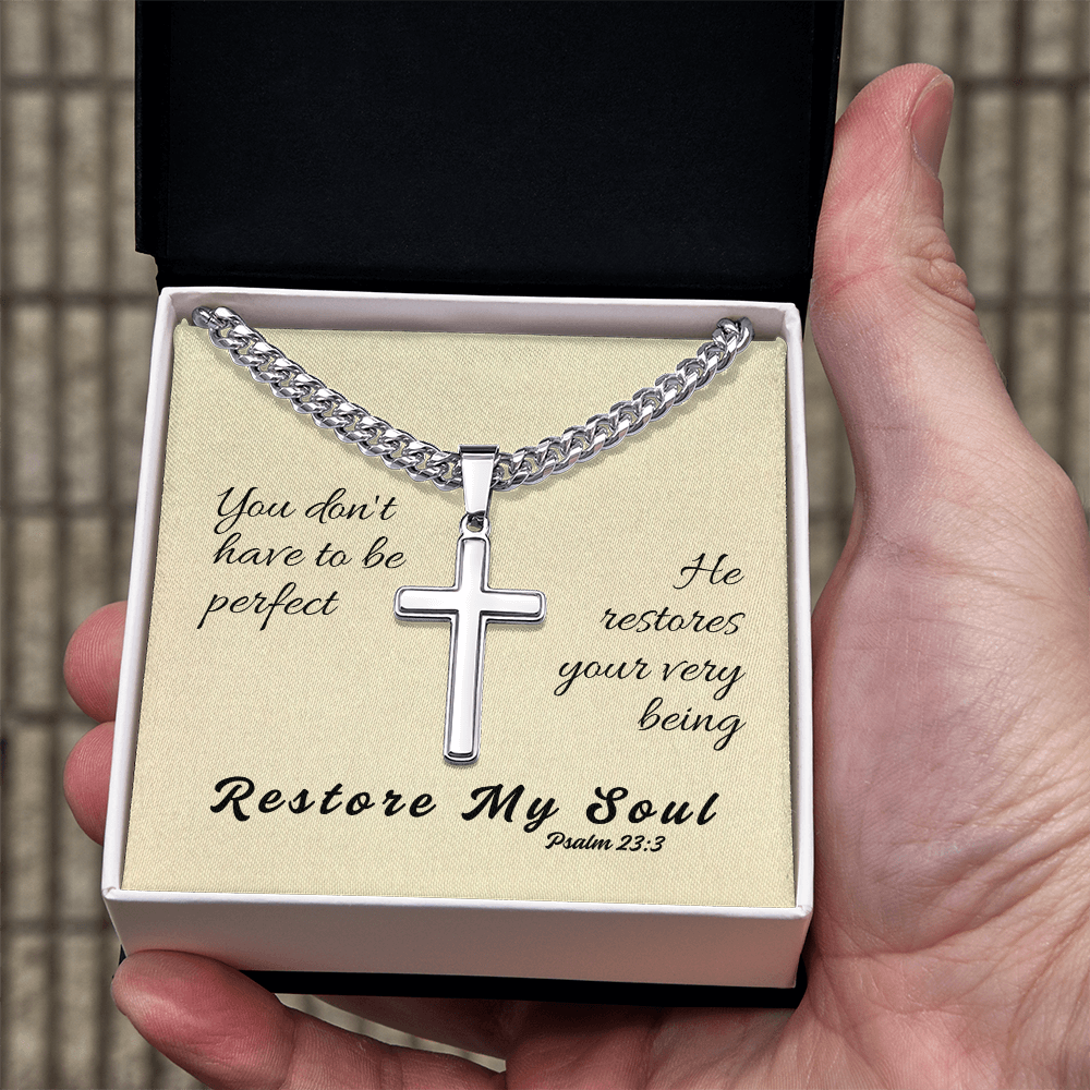 Restore My Soul (Psalm 23:3) | Premium Sterling Silver Cuban Link Cross Necklace