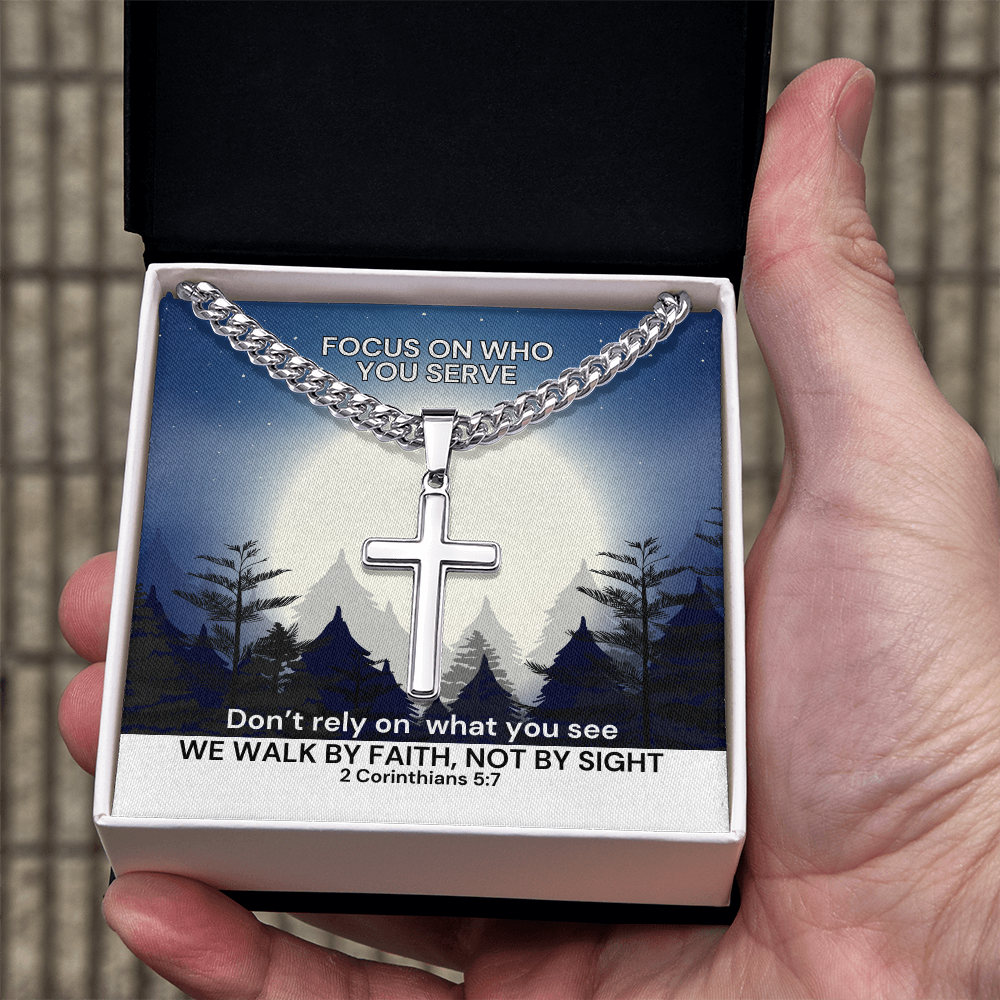 We Walk By Faith, Not By Sight (2 Corinthians 5:7) | Premium Sterling Silver Cuban Link Cross Necklace