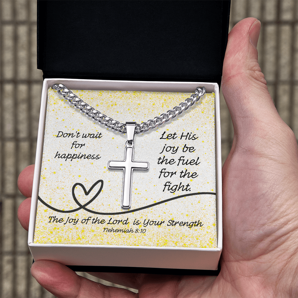 The Joy of the Lord Is Your Strength (Nehemiah 8:10) | Premium Sterling Silver Cuban Link Cross Necklace