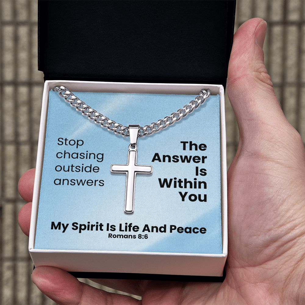 My Spirit Is Life And Peace (Romans 8:6) | Premium Sterling Silver Cuban Link Cross Necklace
