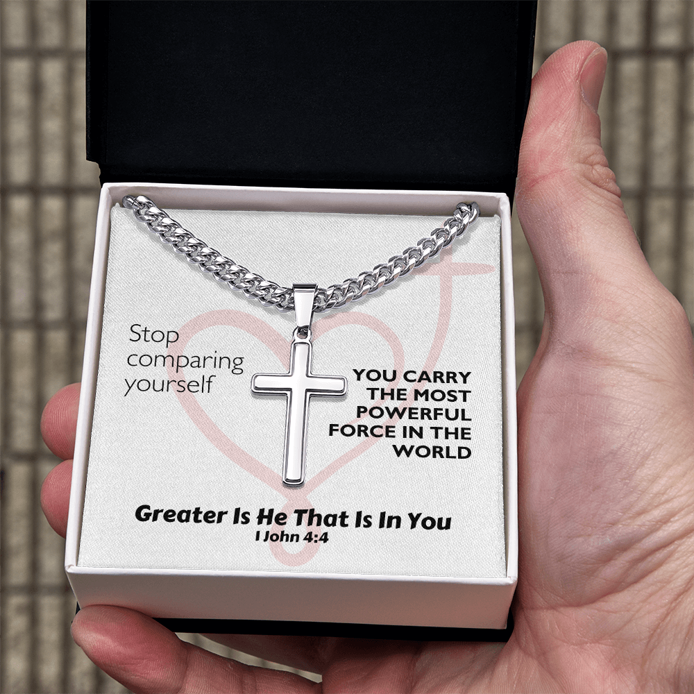 Greater Is He That Is In You (1 John 4:4) | Premium Sterling Silver Cuban Link Cross Necklace