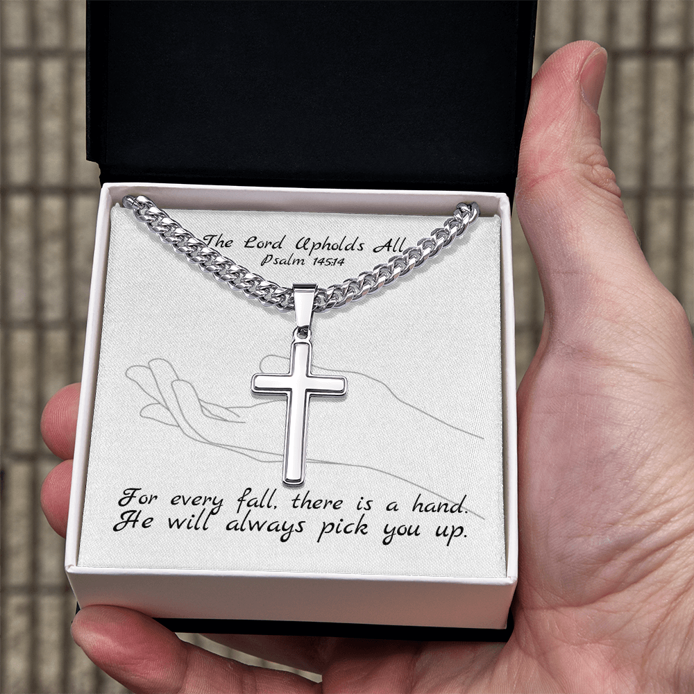 The Lord Upholds All (Psalm 145:14) | Premium Sterling Silver Cuban Link Cross Necklace