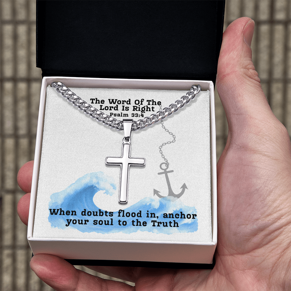The Word Of The Lord Is Right (Psalm 33:4) | Premium Sterling Silver Cuban Link Cross Necklace