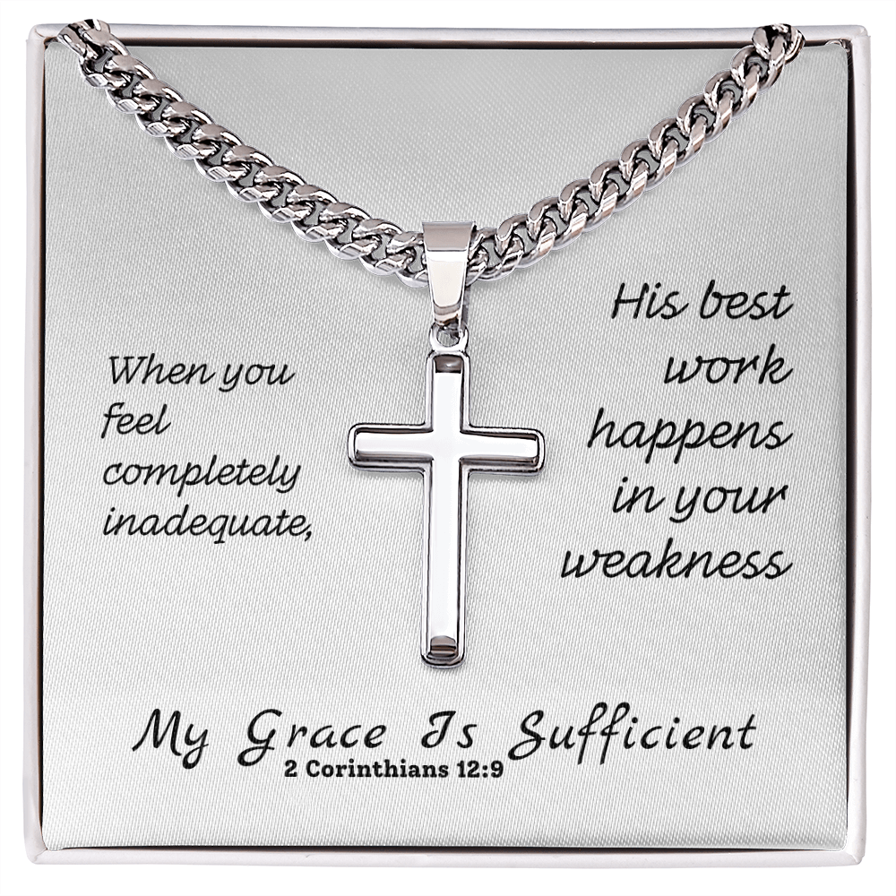 My Grace Is Sufficient (2 Corinthians 12:9) | Premium Sterling Silver Cuban Link Cross Necklace