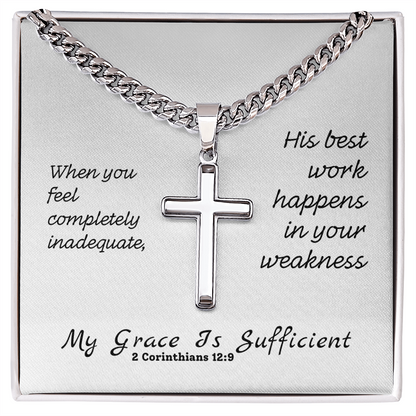 My Grace Is Sufficient (2 Corinthians 12:9) | Premium Sterling Silver Cuban Link Cross Necklace