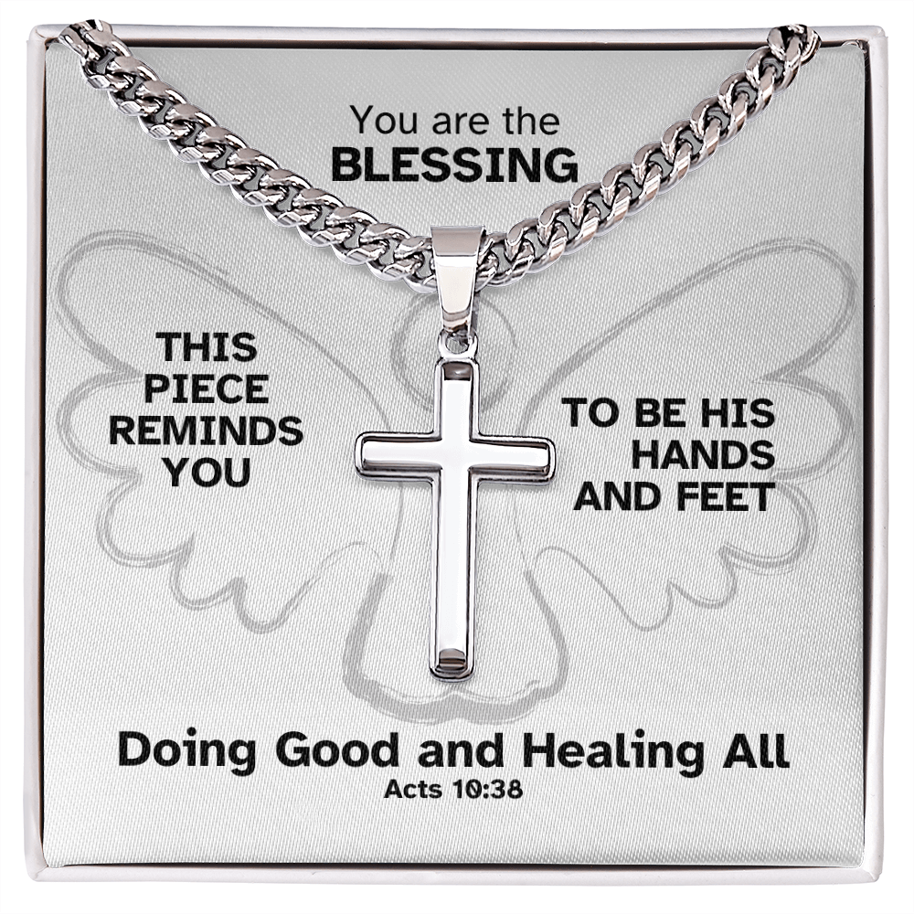 Doing Good And Healing All (Acts 10:38) | Premium Sterling Silver Cuban Link Cross Necklace