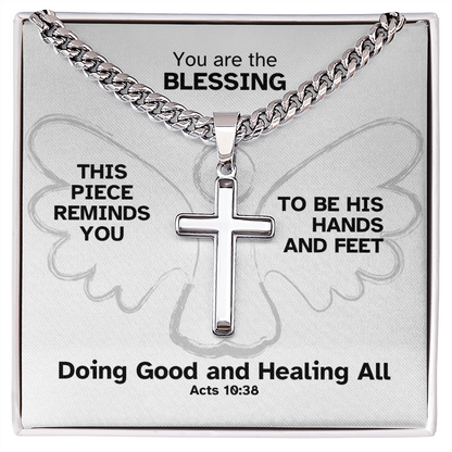 Doing Good And Healing All (Acts 10:38) | Premium Sterling Silver Cuban Link Cross Necklace