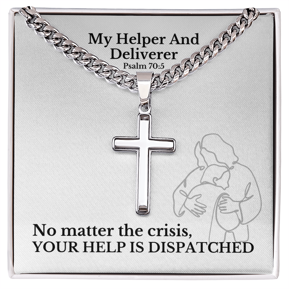 My Helper And Deliverer (Psalm 70:5) | Premium Sterling Silver Cuban Link Cross Necklace
