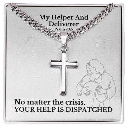 My Helper And Deliverer (Psalm 70:5) | Premium Sterling Silver Cuban Link Cross Necklace
