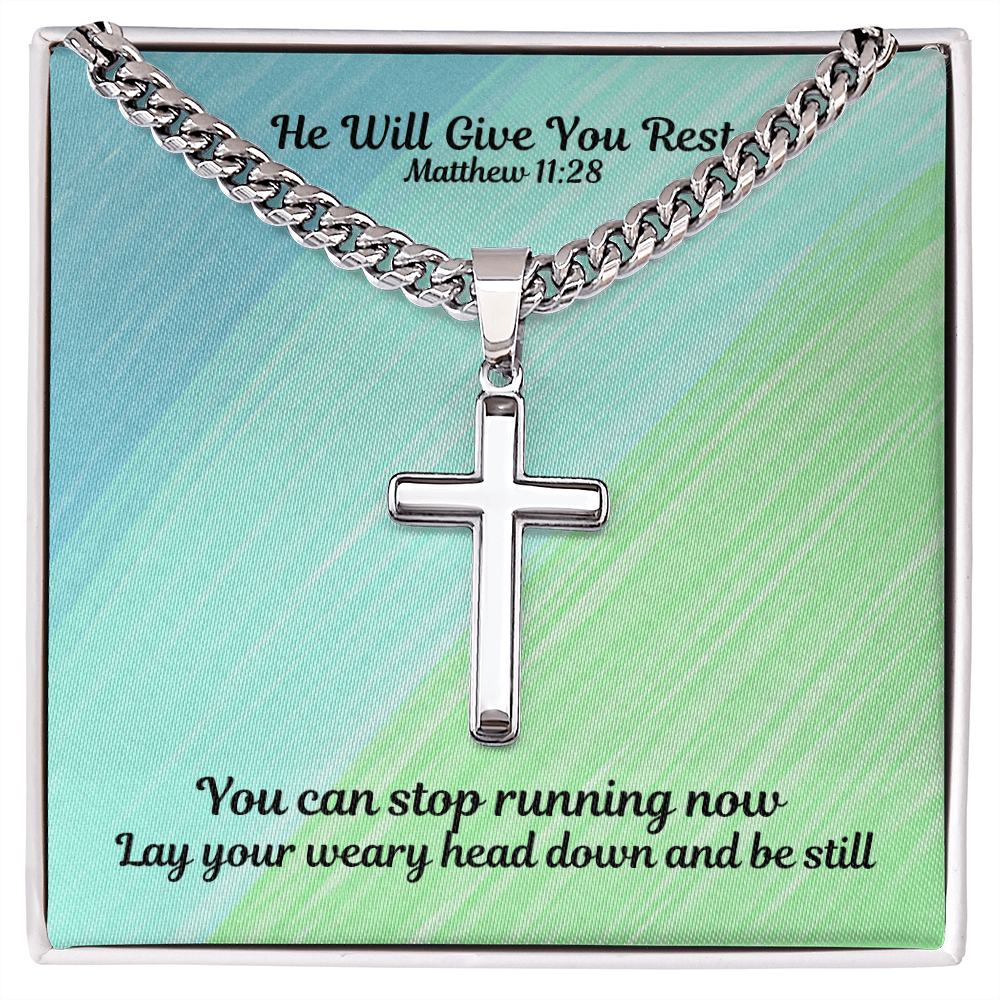 He Will Give You Rest (Matthew 11:28) | Premium Sterling Silver Cuban Link Cross Necklace