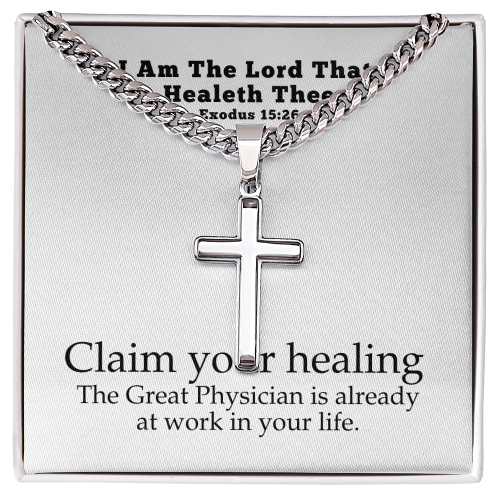 I Am The Lord That Healeth Thee (Exodus 15:26) | Premium Sterling Silver Cuban Link Cross Necklace