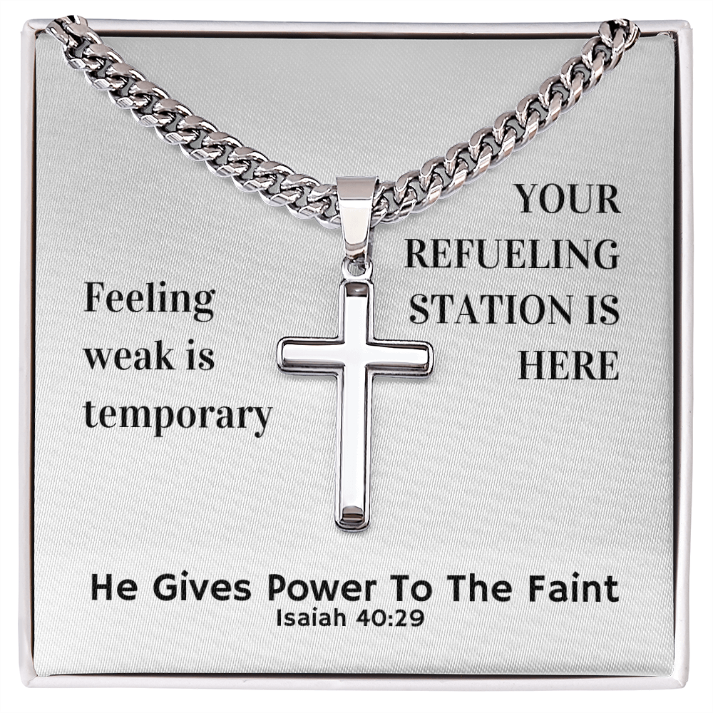 He Gives Power To The Faint (Isaiah 40:29) | Premium Sterling Silver Cuban Link Cross Necklace