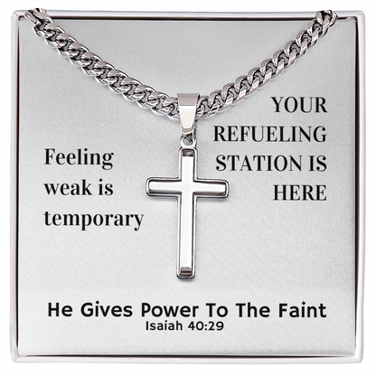 He Gives Power To The Faint (Isaiah 40:29) | Premium Sterling Silver Cuban Link Cross Necklace