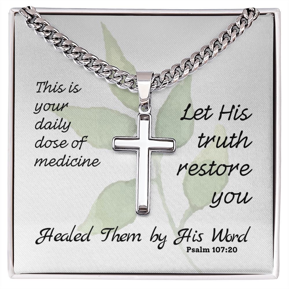 Healed Them By His Words (Psalm 107:20) | Premium Sterling Silver Cuban Link Cross Necklace