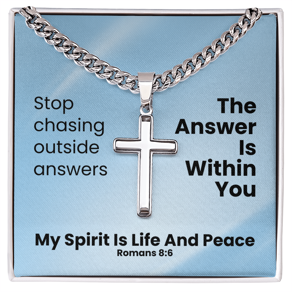 My Spirit Is Life And Peace (Romans 8:6) | Premium Sterling Silver Cuban Link Cross Necklace