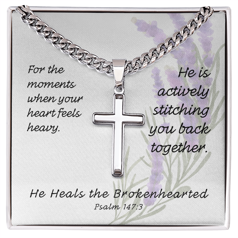 He Heals The Brokenhearted (Psalm 147:3) | Premium Sterling Silver Cuban Link Cross Necklace
