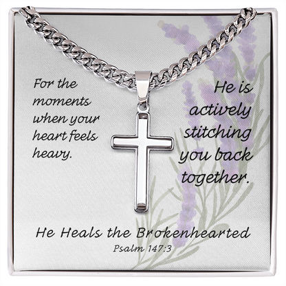 He Heals The Brokenhearted (Psalm 147:3) | Premium Sterling Silver Cuban Link Cross Necklace
