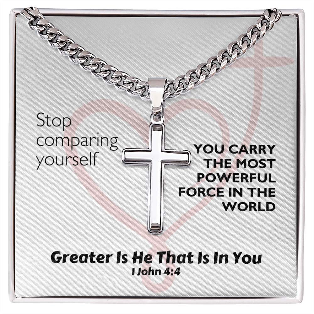Greater Is He That Is In You (1 John 4:4) | Premium Sterling Silver Cuban Link Cross Necklace