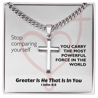 Greater Is He That Is In You (1 John 4:4) | Premium Sterling Silver Cuban Link Cross Necklace