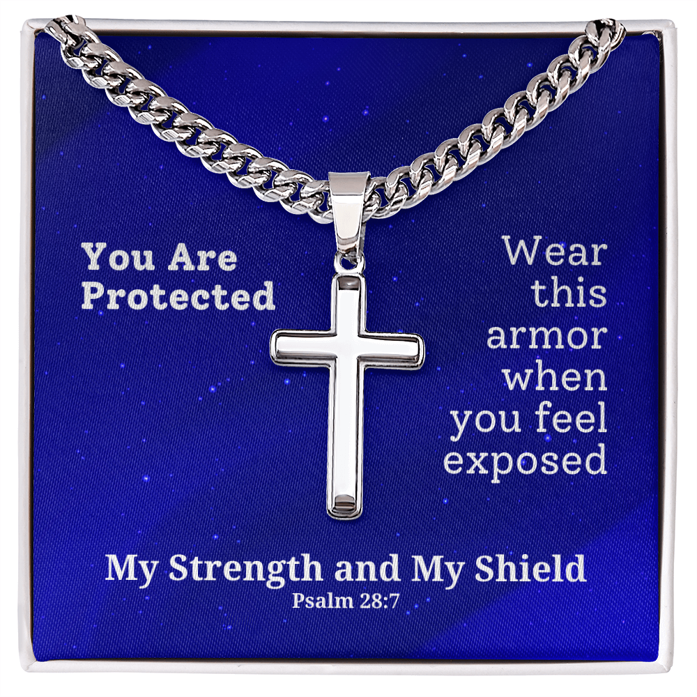 My Strength and My Shield (Psalm 28:7) | Premium Sterling Silver Cuban Link Cross Necklace