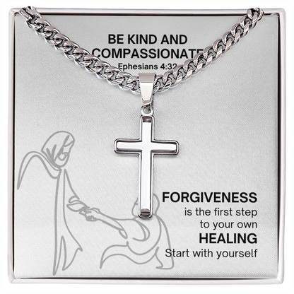Be Kind And Compassionate (Ephesians 4:32) | Premium Sterling Silver Cuban Link Cross Necklace