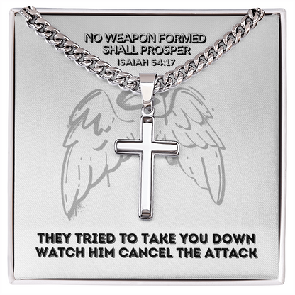 No Weapon Formed Shall Prosper (Isaiah 54:17) | Premium Sterling Silver Cuban Link Cross Necklace
