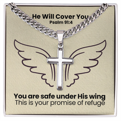 He Will Cover You (Psalm 91:4) | Premium Sterling Silver Cuban Link Cross Necklace