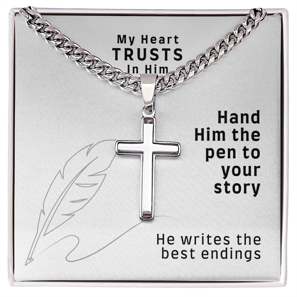 My Heart Trusts In Him (Psalm 28:7) | Premium Sterling Silver Cuban Link Cross Necklace