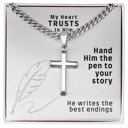 My Heart Trusts In Him (Psalm 28:7) | Premium Sterling Silver Cuban Link Cross Necklace