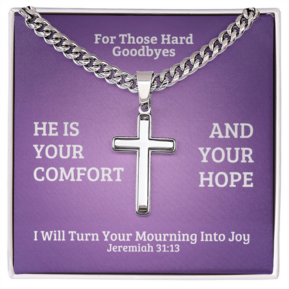 I Will Turn Your Mourning Into Joy (Jeremiah 31:13) | Premium Sterling Silver Cuban Link Cross Necklace