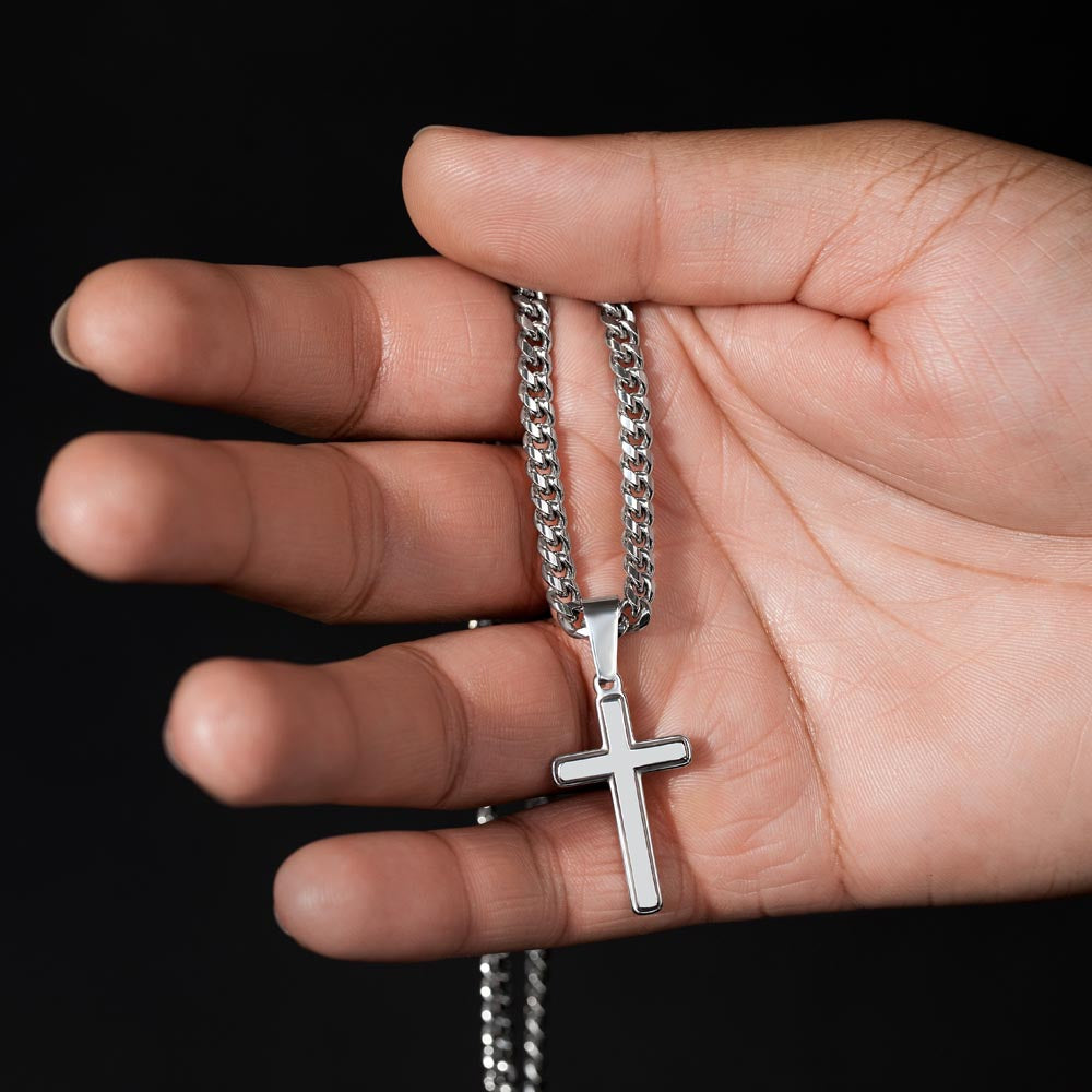 My Heart Trusts In Him (Psalm 28:7) | Premium Sterling Silver Cuban Link Cross Necklace
