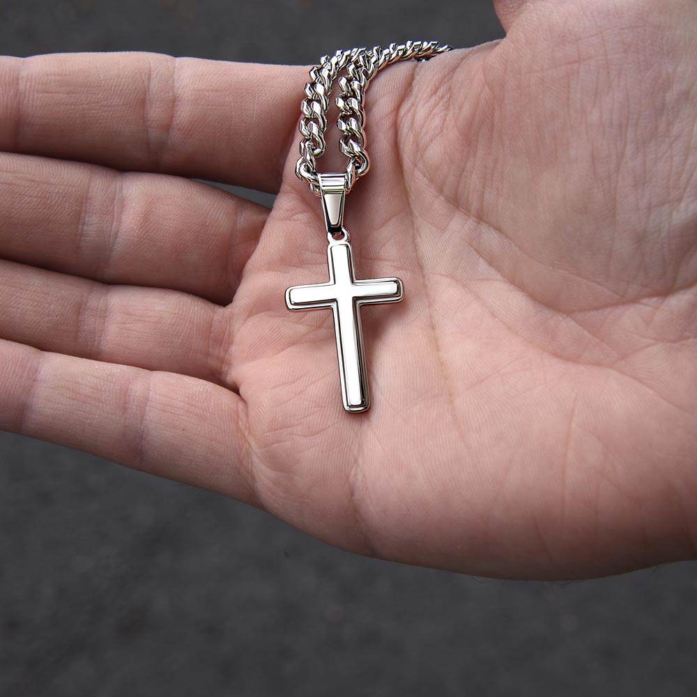 He Gives Power To The Faint (Isaiah 40:29) | Premium Sterling Silver Cuban Link Cross Necklace