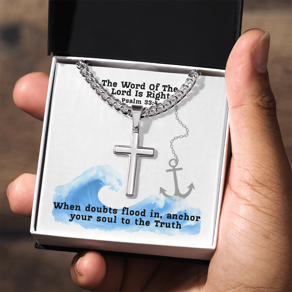 The Word Of The Lord Is Right (Psalm 33:4) | Premium Sterling Silver Cuban Link Cross Necklace