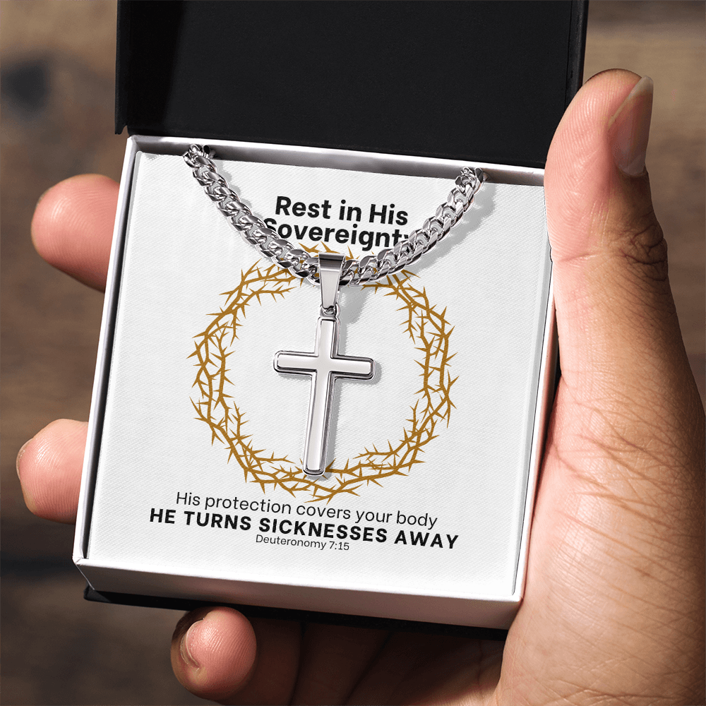 He Turns Sicknesses Away (Deuteronomy 7:15) | Premium Sterling Silver Cuban Link Cross Necklace