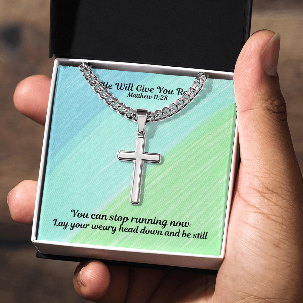 He Will Give You Rest (Matthew 11:28) | Premium Sterling Silver Cuban Link Cross Necklace