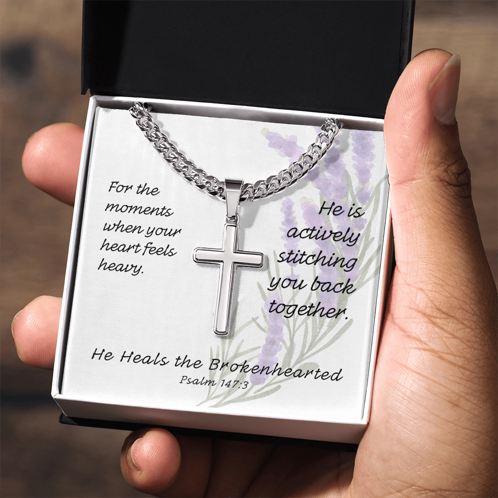 He Heals The Brokenhearted (Psalm 147:3) | Premium Sterling Silver Cuban Link Cross Necklace