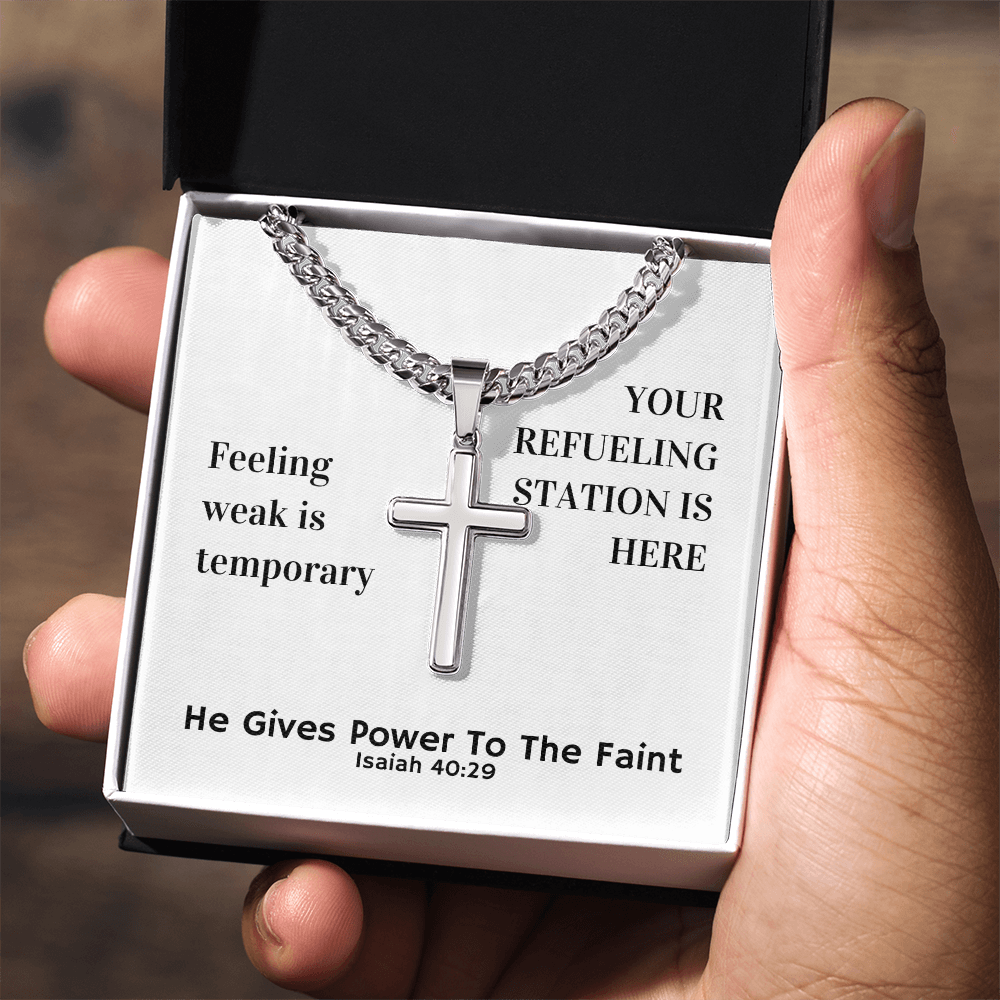 He Gives Power To The Faint (Isaiah 40:29) | Premium Sterling Silver Cuban Link Cross Necklace