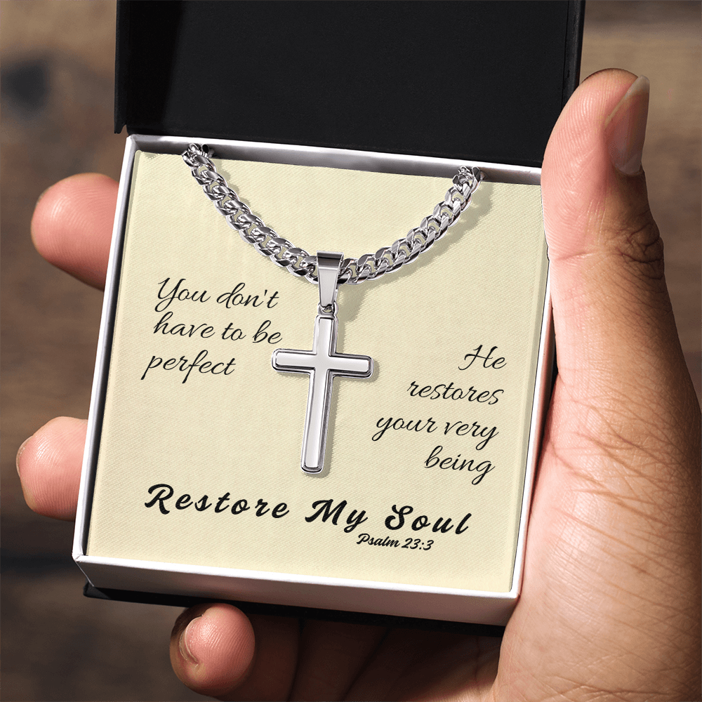 Restore My Soul (Psalm 23:3) | Premium Sterling Silver Cuban Link Cross Necklace