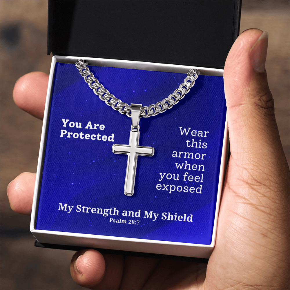 My Strength and My Shield (Psalm 28:7) | Premium Sterling Silver Cuban Link Cross Necklace
