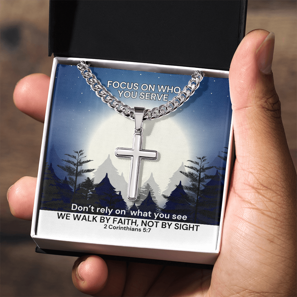 We Walk By Faith, Not By Sight (2 Corinthians 5:7) | Premium Sterling Silver Cuban Link Cross Necklace