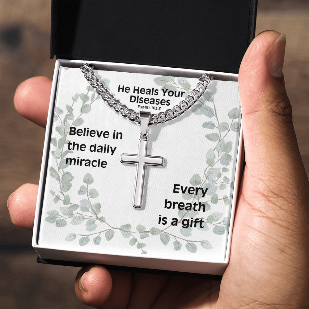 He Heals Your Diseases (Psalm 103:3) | Premium Sterling Silver Cuban Link Cross Necklace