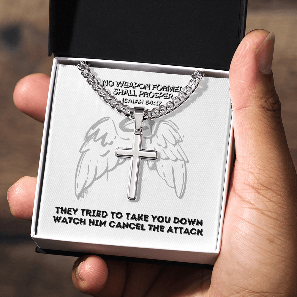 No Weapon Formed Shall Prosper (Isaiah 54:17) | Premium Sterling Silver Cuban Link Cross Necklace