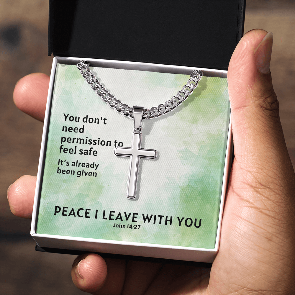 Peace I Leave With You (John 14:27) | Premium Sterling Silver Cuban Link Cross Necklace