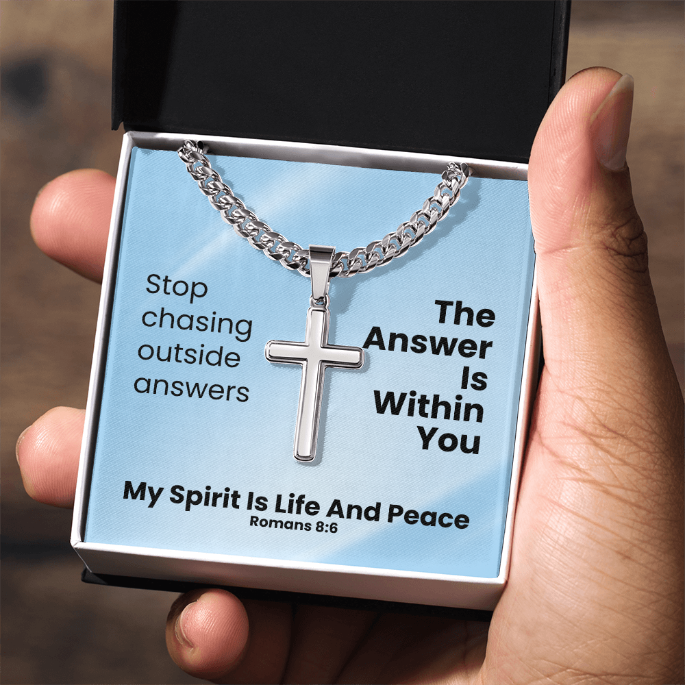 My Spirit Is Life And Peace (Romans 8:6) | Premium Sterling Silver Cuban Link Cross Necklace