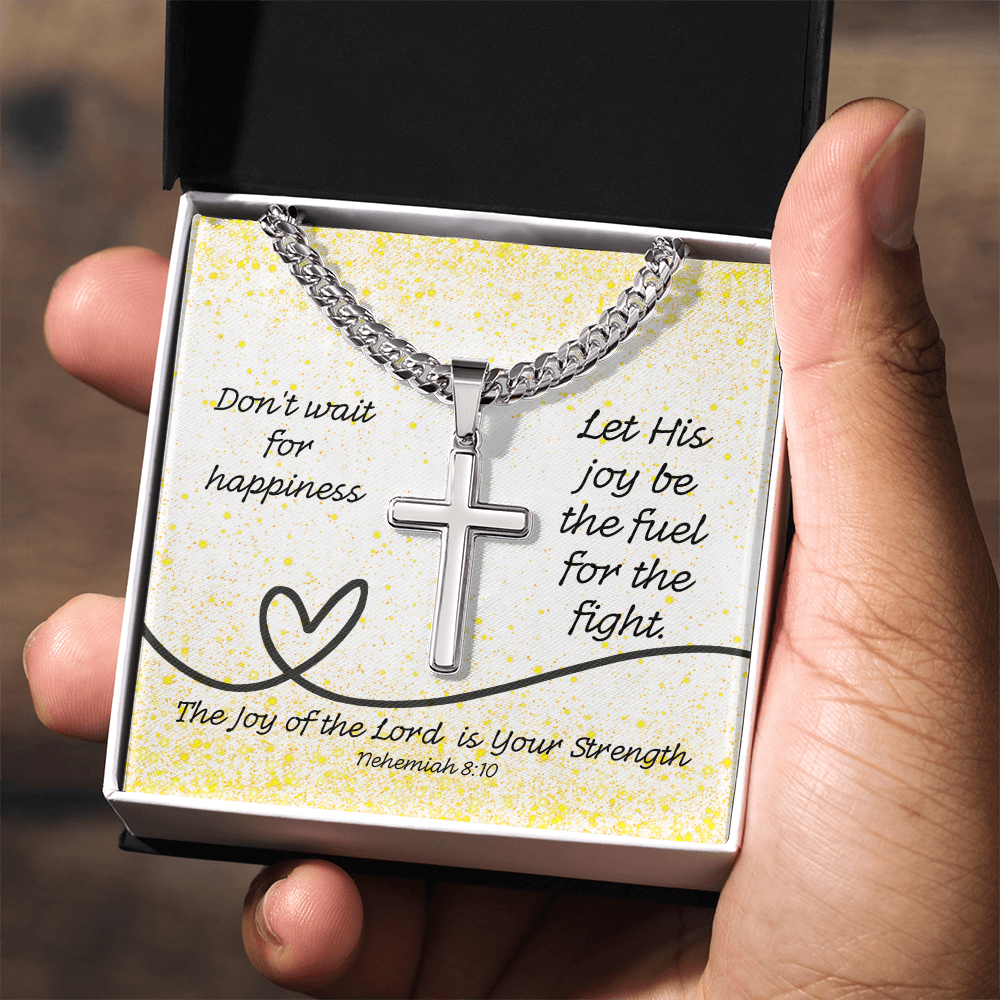 The Joy of the Lord Is Your Strength (Nehemiah 8:10) | Premium Sterling Silver Cuban Link Cross Necklace