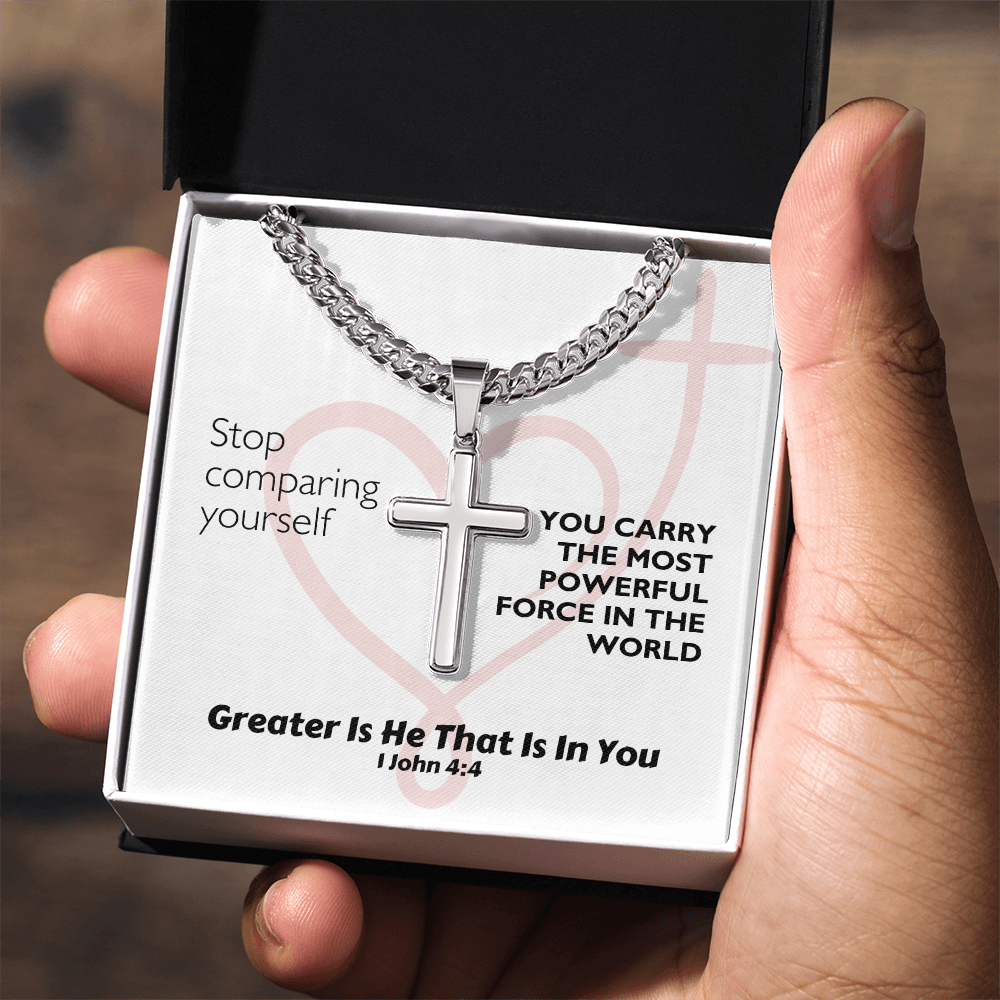Greater Is He That Is In You (1 John 4:4) | Premium Sterling Silver Cuban Link Cross Necklace