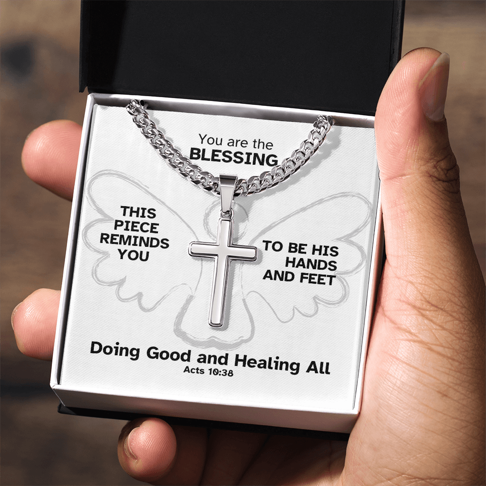 Doing Good And Healing All (Acts 10:38) | Premium Sterling Silver Cuban Link Cross Necklace