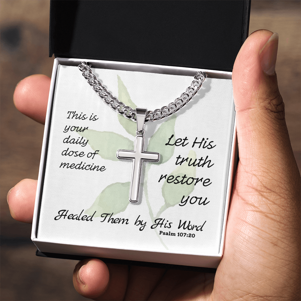 Healed Them By His Words (Psalm 107:20) | Premium Sterling Silver Cuban Link Cross Necklace