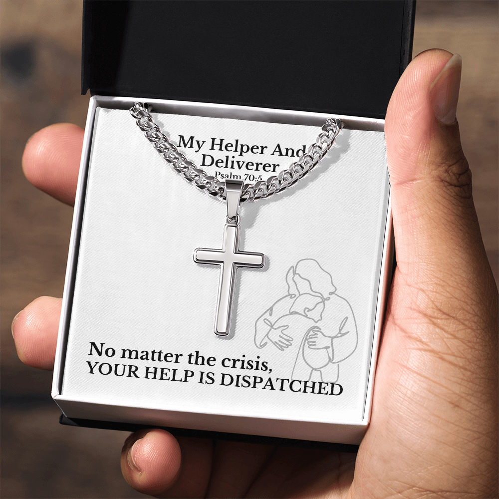 My Helper And Deliverer (Psalm 70:5) | Premium Sterling Silver Cuban Link Cross Necklace